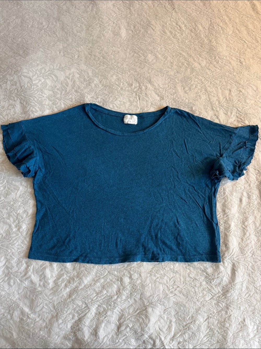 T.La Teal Blue Crop Top with Ruffle Sleeves
